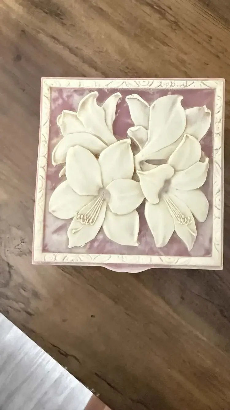Vintage Incolay Stone Pink Marble Square Jewelry Box with Magnolia Flower Relief